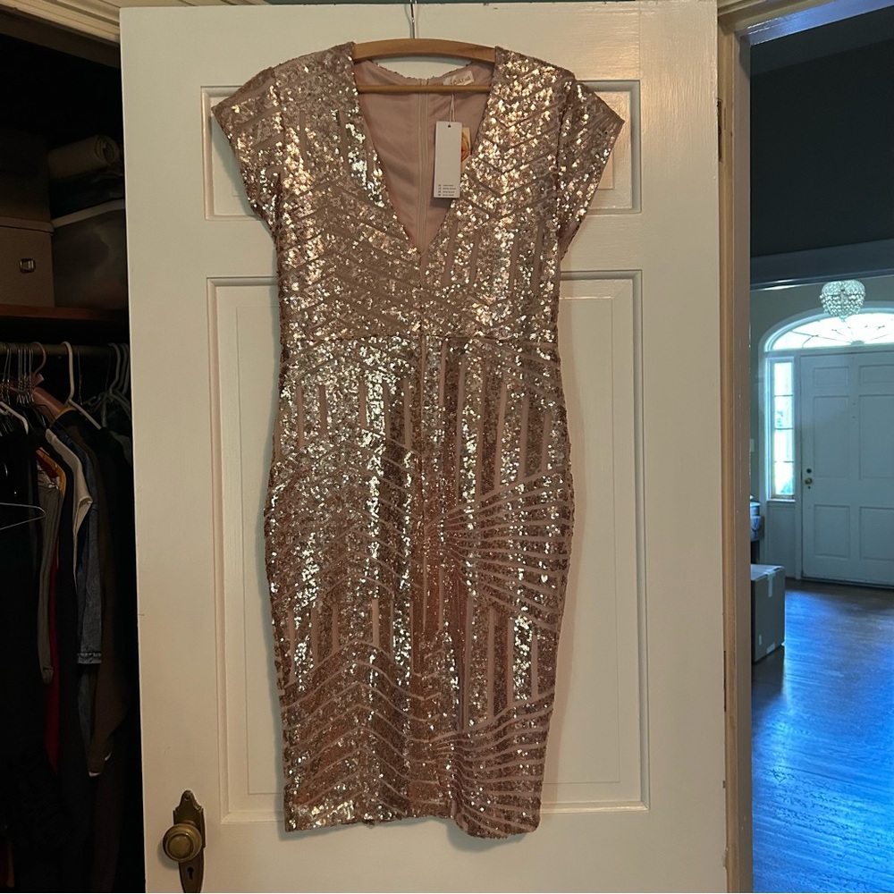 NWT Rose Gold Sequin Dress V-Neck